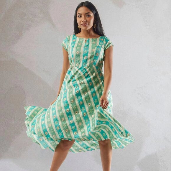 Floral Rayon Knee-Length Dress in Blue and Green | Muvvas Boutique - Picture 1 of 3